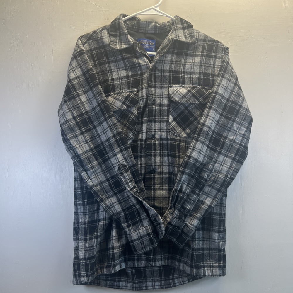 Pendleton Wool Board Shirt Mens S  Gray Black Plaid 100% Virgin Wool Vintage